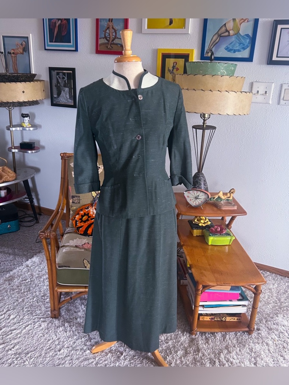 Vintage 1940s Suit Set | 1950s | Jacket | Skirt | Green | S M | 40s | 50s